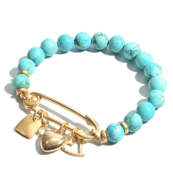 Natural Stone Beaded Safety Pin Hearts Charm Bracelet